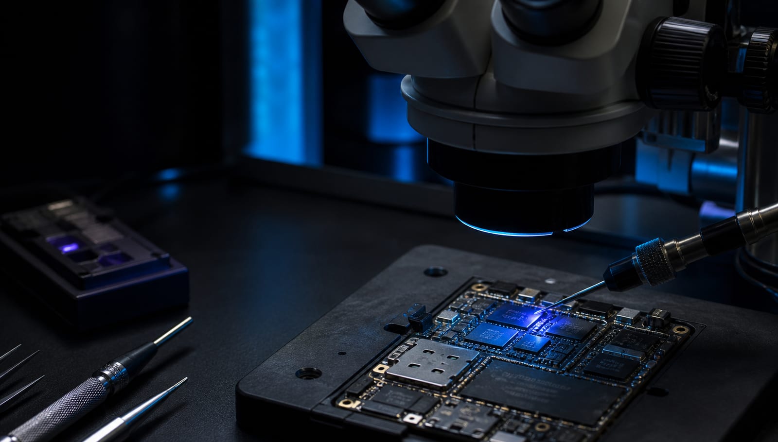 Bancada profissional de diagnóstico eletrônico com microscópio